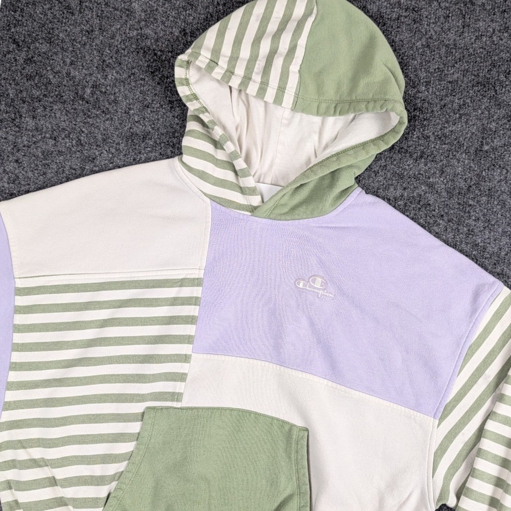 Champion Classic Fleece Hoodie Small Pastel Colorblock Striped Green Purple